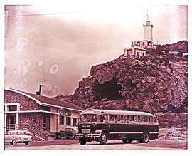 Mossel Bay, 1961. SAR Canadian Brill motor coach bus No MT6106 below Cape St Blaize lighthouse.