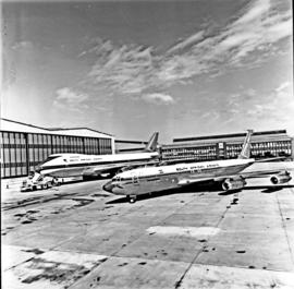 Johannesburg, 1971. Jan Smuts airport. SAA Boeing 747 ZS-SAN 'Lebombo' with SAA Boeing 707 ZA-SAF...