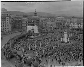Pretoria, 29 March 1947. Aerial view of Church Square with cenotaph and white arch erected for th...