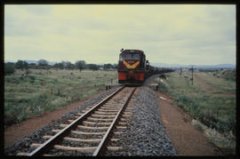 Pongola district, January 1980. SAR passenger train crossing the border into Swaziland at Golela....