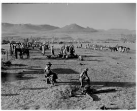Basutoland, 12 March 1947. Basuto encampment. Pot over a fire.