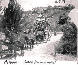 Bulawayo district, Rhodesia. Zimbabwe. Horse-drawn coaches leaving hotel at Matopos.