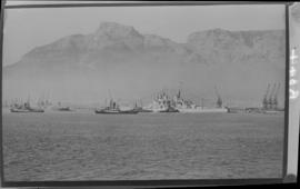 Cape Town, February 1947. Ships in Table Bay - including 'HMS Vanguard'.