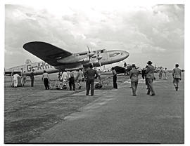 Johannesburg, 1948. Palmietfontein airport. BOAC Avro Lancastrian freighter G-AKRB arriving.