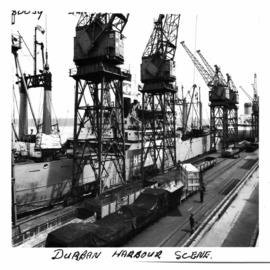 Durban, January 1971. Loading cranes in Durban Harbour.