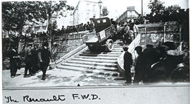 Renault FWD truck climbing a stairway, probably taken during a demonstration.