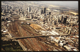 Johannesburg. Aerial view of marshalling yard and city centre.
