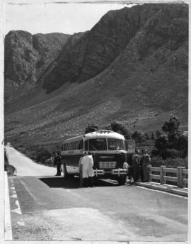 Hermanus district, 1947. SAR Canadian Brill bus No MT6206 underway to Hermanus, stopped on bridge.