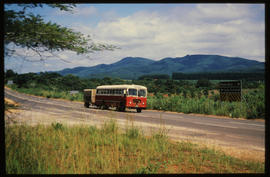 Louis Trichardt district, 1980. SAR bus with trailer on the road. Jaws to identify.