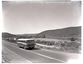 "Oudtshoorn district, 1966. SAR Mercedes MT16933 motor coach on open road."