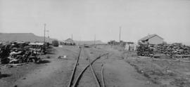 Holbank, 1895. Station buildings in the distance with stacks of fencing posts in the foreground. ...