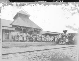 Port Alfred, 1884. Decorated train at station with banner 'St Pauls Sunday School' at the opening...