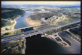 Richards Bay. Aerial view of three bridges over waterway.