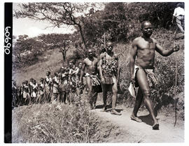 Natal, 1953. Zulu group in single file on footpath.