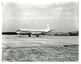 Durban, 1965. Louis Botha airport. SAA Vickers Viscount ZS-CDV 'Waterbok' taxiing. SEE C6236