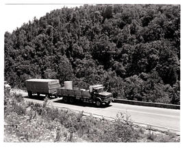 Plettenberg Bay district, 1970. SAR Mercedes Benz three-axle truck with SAR trailer No MT14819.