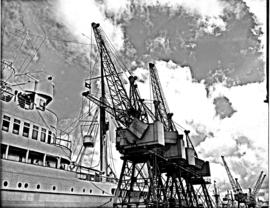 Port Elizabeth, 1948. Loading cranes in Port Elizabeth harbour.