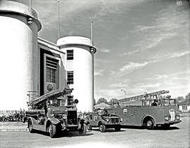 Krugersdorp, 1962. Fire engines at fire station. Left to right: Leyland, DKW Munga and Dennis.