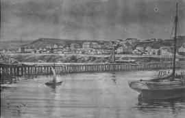 Port Elizabeth, 1865. Sketch of jetty at Port Elizabeth Harbour with town buildings in the backgr...