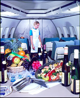 SAA Boeing 747 interior. Cabin service. Food buffet. First class. Hostess.