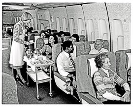 
SAA Boeing 747 interior. Cabin service. Hostess.
