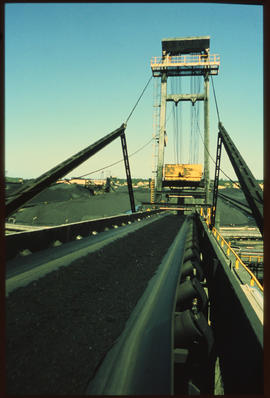 Richards Bay, November 1979. Coal on conveyor belt at Richards Bay harbour. [De Waal Louw]