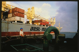 East London, 1986. Container ship in Buffalo Harbour. [T Robberts]