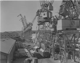 Durban, 1948. Loading cranes in Durban harbour.