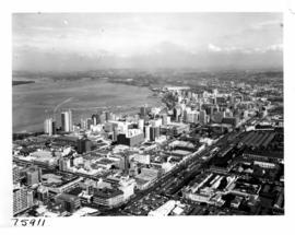 Durban, 1966. Aerial view of city centre and harbour.