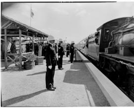 East London, 1 March 1947. Royal Train arrives at East Cambridge Station. SAR constables at atten...