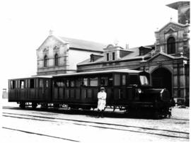 Swakopmund, South-West Africa. SAR railcar RM4 with Driver Simpson ar railway station. Used on th...