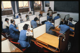 Johannesburg, September 1981. Jan Smuts Airport. Training of SAA hostesses in language laboratory.