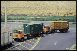 Johannesburg, 1978. Two SAR Mack trucks with short containers arriving at Kaserne.