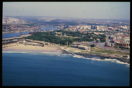 East London, Marh 1986. Aerial view of city centre and Buffalo Harbour. [T Robberts]