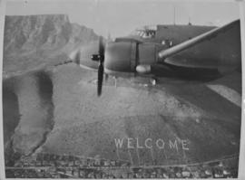 Cape Town, February 1947. Welcome greeting on mountain side with Table Mountain in the background.