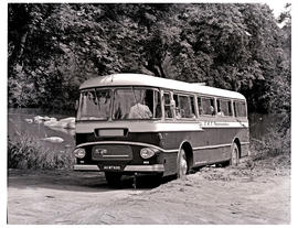 Kruger National Park, 1966. SAR Leyland Royal Tiger motor coach No MT16310 next to hippo pool.