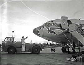 Johannesburg, 1960. Jan Smuts airport. SAA Boeing 707 ZS-CKC 'Kaapstad' being towed. Nice shot of...