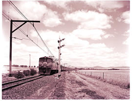 Tulbagh district, 1966. SAR Class ? With Trans-Karoo passenger train at Voelvlei approaching from...