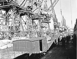 Port Elizabeth, 1947. Loading cranes in Port Elizabeth harbour.