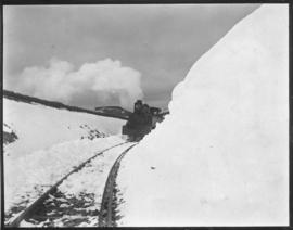Elandskop, 1 June 1905. Snow in railway cutting on Cape - Natal branch of the NGR with steam trai...