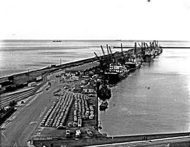 Port Elizabeth, 1948. Ships, cars and trains in Port Elizabeth harbour.