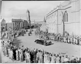 Grahamstown, 28 February 1947. Royal family being driven in front of the cathedral of St Michael ...
