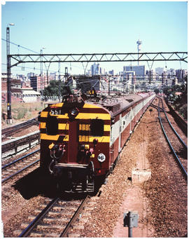 Johannesburg, January 1979. Suburban train No 551 with Hillbrow tower in the distance.