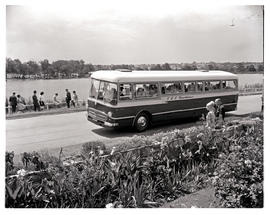 "Johannesburg, 1965. SAR Mercedes MT16931 motor coach at Emmerentia Dam"