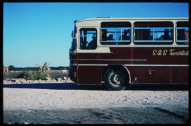 Etosha Game Park, Namibia, 1972. SAR Mercedes Benz tour bus with giraffes in the distance. These ...