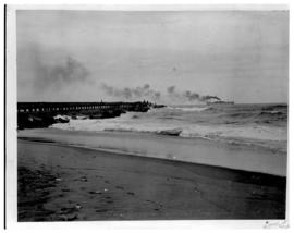 Durban, circa 1901. Breakwater with steamship in the distance. (Durban Harbour album of CBP Lewis)