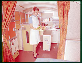 Hostess arranging food in aircraft galley.