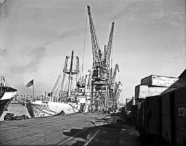 Port Elizabeth, 1948. Loading cranes next to 'Robin Sherwood'.