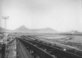 Cape Town. View over railway yard with Signal Hill in the background.