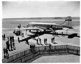 Johannesburg, April 1946. Palmietfontein Airport. Arrival of SAA DC-4 ZS-AUA 'Tafelberg'. Note fl...